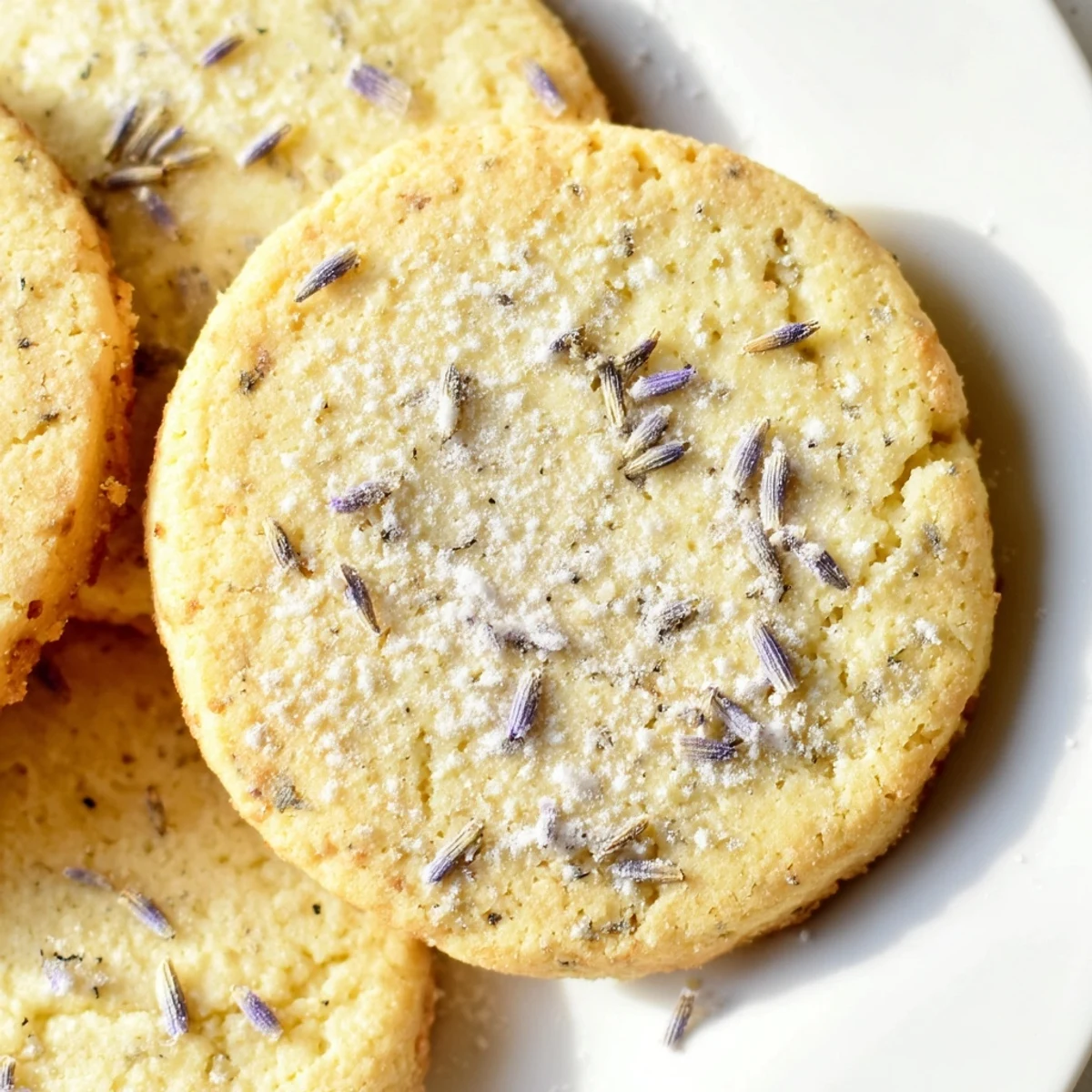 Buttery lemon lavender cookies topped with culinary lavender buds and fresh lemon zest