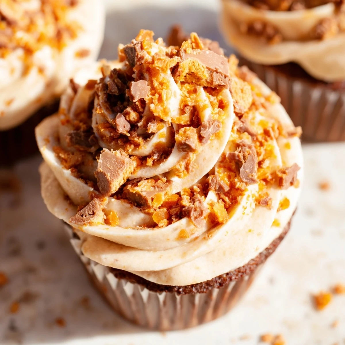 Decadent Butterfinger cupcakes topped with fluffy peanut butter frosting and sprinkled with crushed candy bar pieces