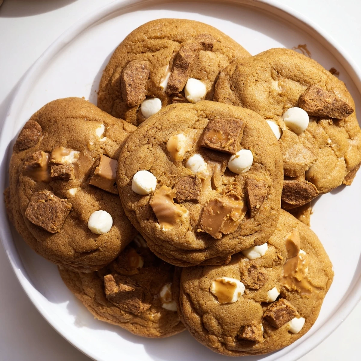 Golden stuffed Biscoff butter lava cookies oozing warm caramel center on a white plate