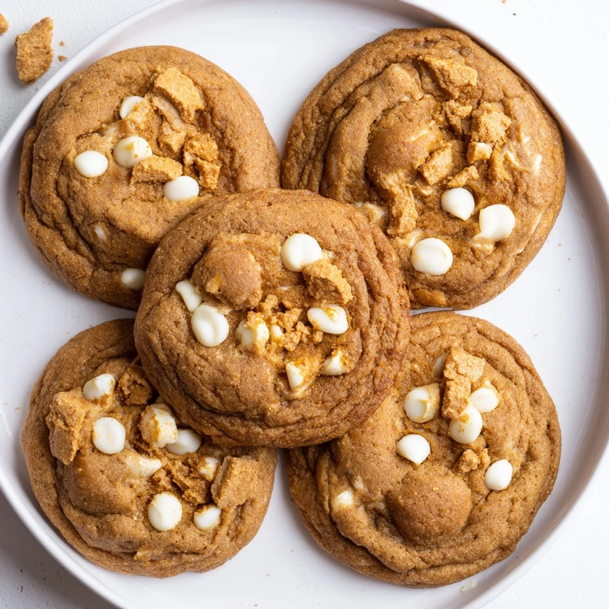 Freshly baked Biscoff butter stuffed cookies with melted cookie butter center and white chocolate chips