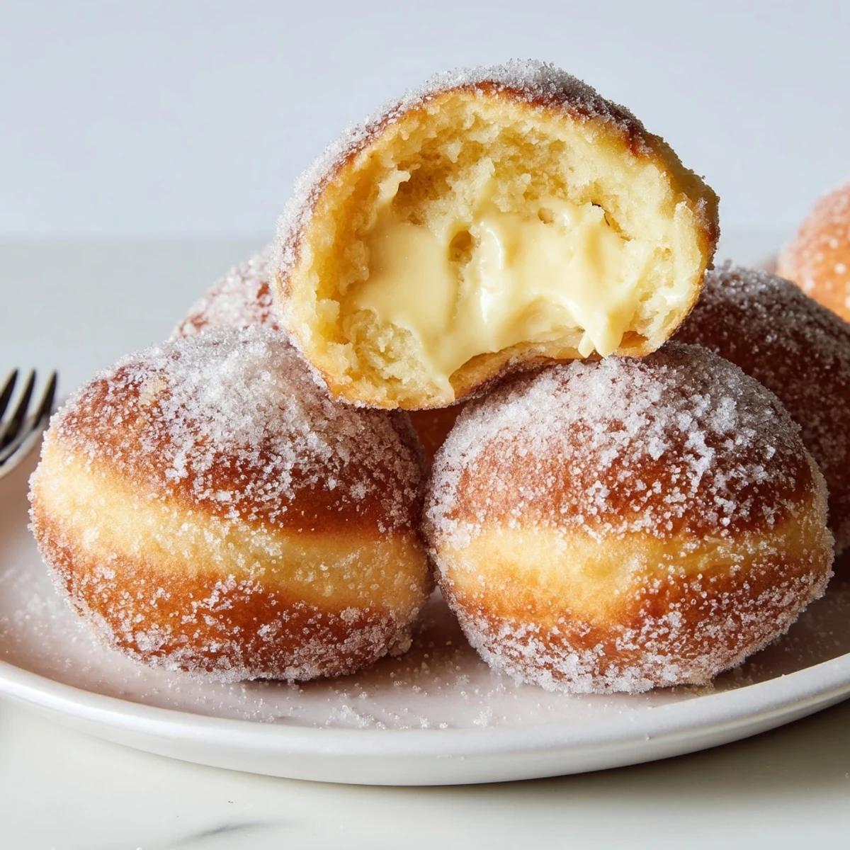 Golden Italian bomboloni alla cream dusted with sugar and filled with rich vanilla pastry cream