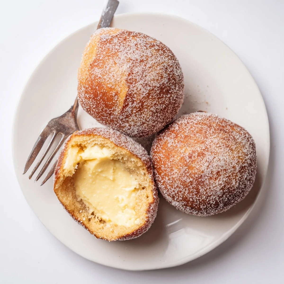Plate of warm bomboloni alla cream filled doughnuts ready for breakfast with coffee