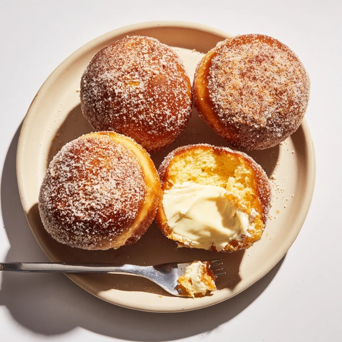Freshly fried bomboloni alla cream with smooth vanilla custard spilling from golden sugar-coated sides