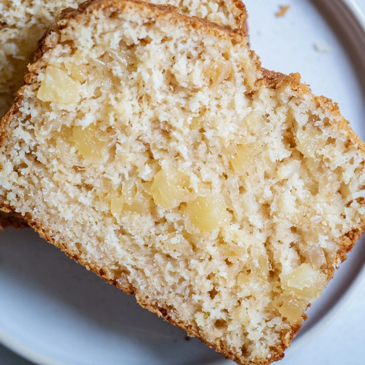 Golden loaf of cozy pineapple coconut bread with a tender crumb, sliced on a wooden board