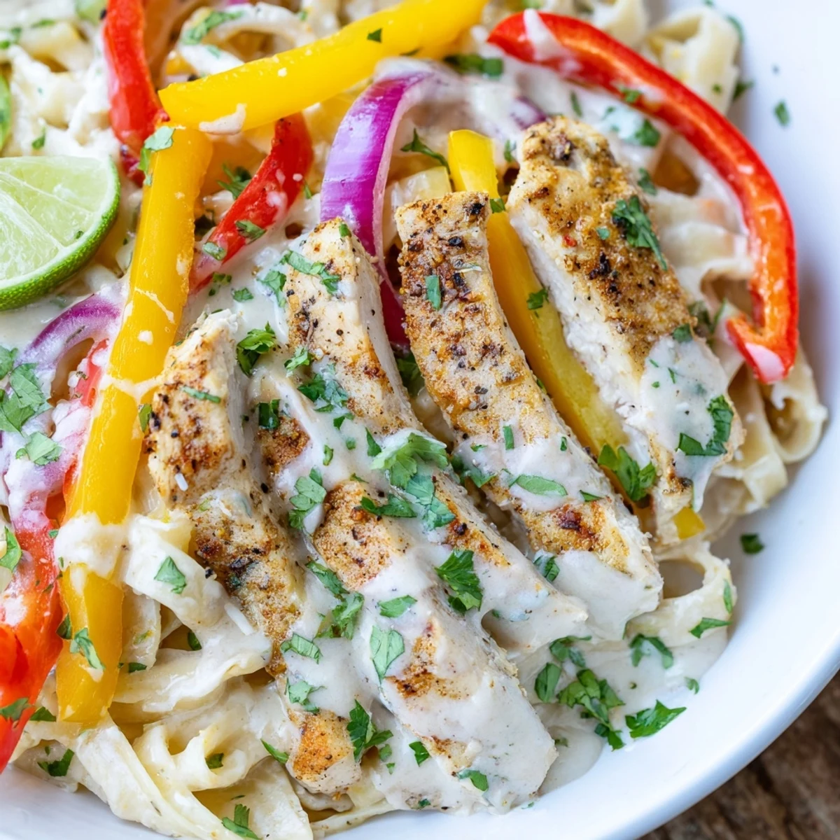Creamy Southwest chicken Alfredo pasta with tender sliced chicken breast, colorful bell peppers, and garnishes of fresh cilantro.