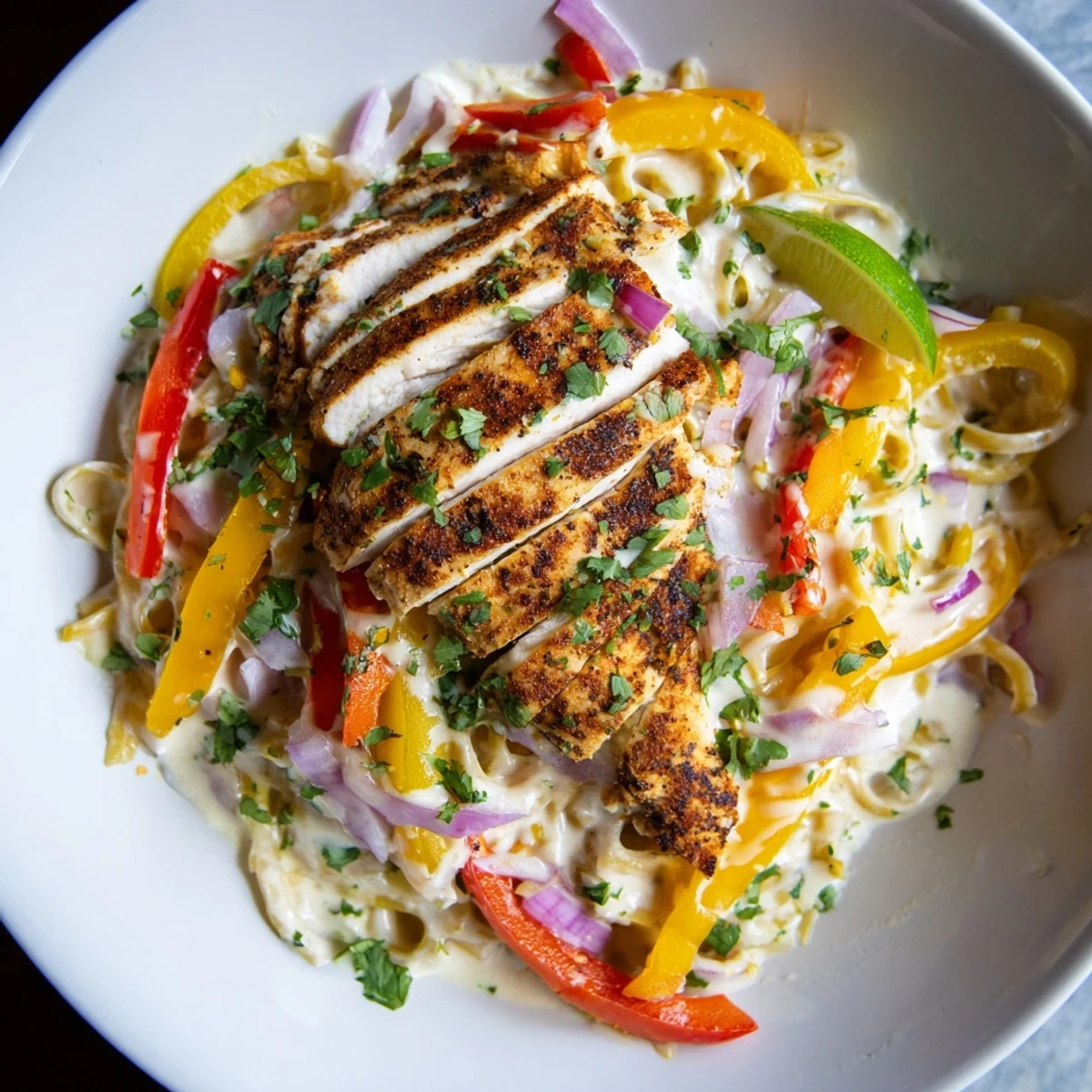 Savory Southwest chicken Alfredo featuring fettuccine coated in rich Parmesan sauce with sautéed peppers and smoky spiced chicken.