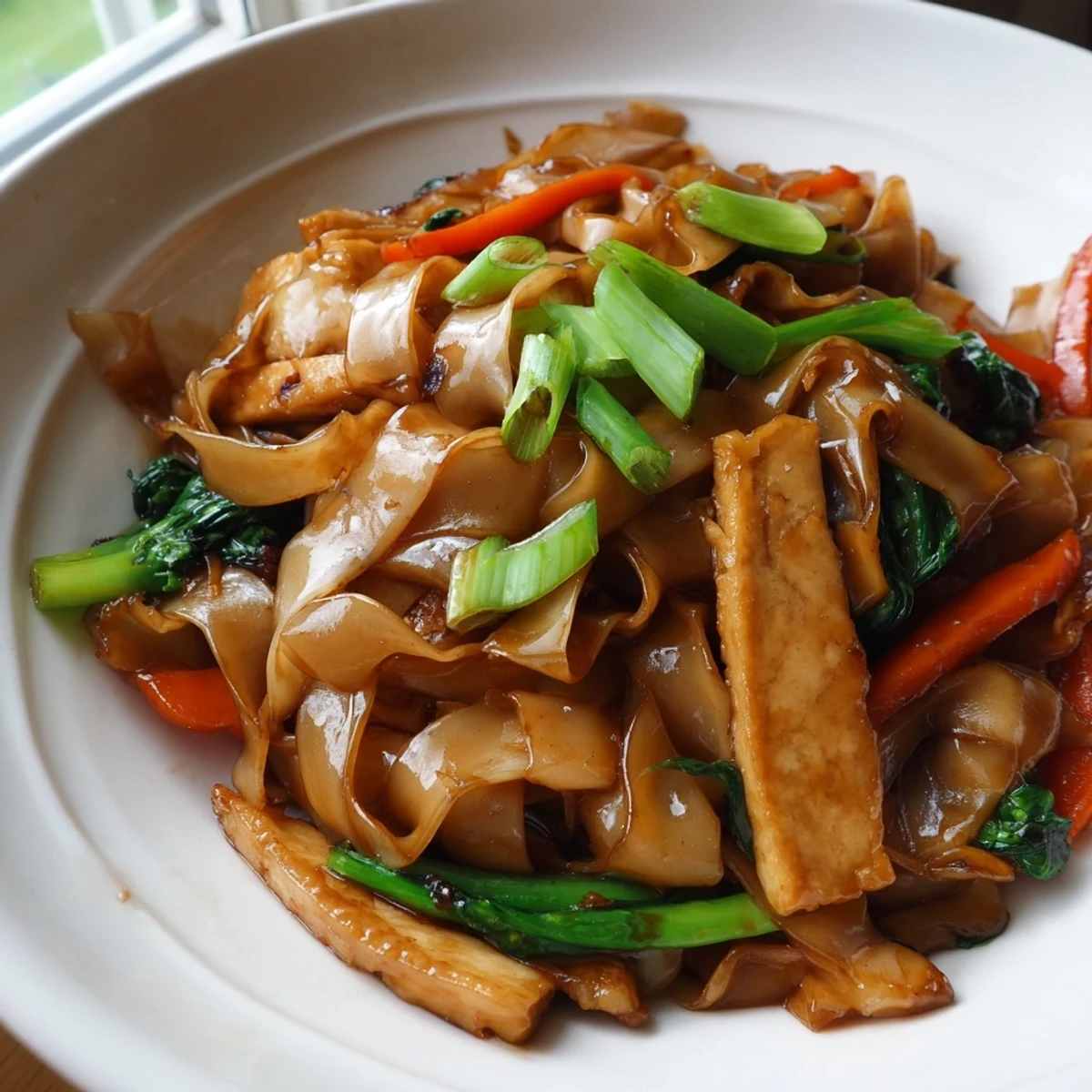 Golden vegan pad see ew stir-fried with wide rice noodles, crisp vegetables, and savory soy-based sauce