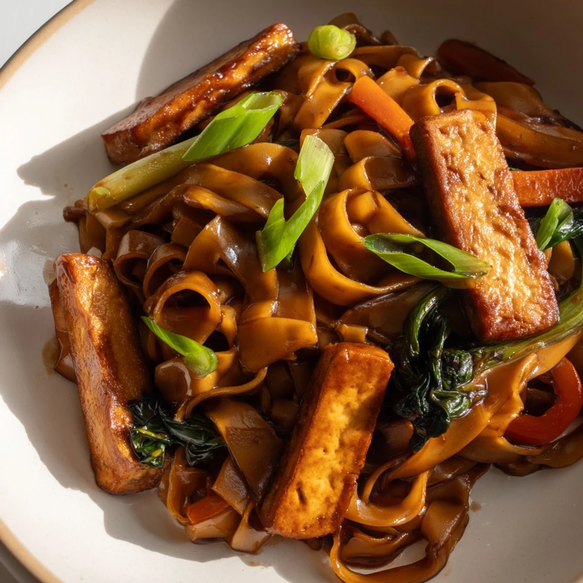 Wok-tossed vegan pad see ew with tender rice noodles, colorful bell pepper, and fragrant garlic garnish