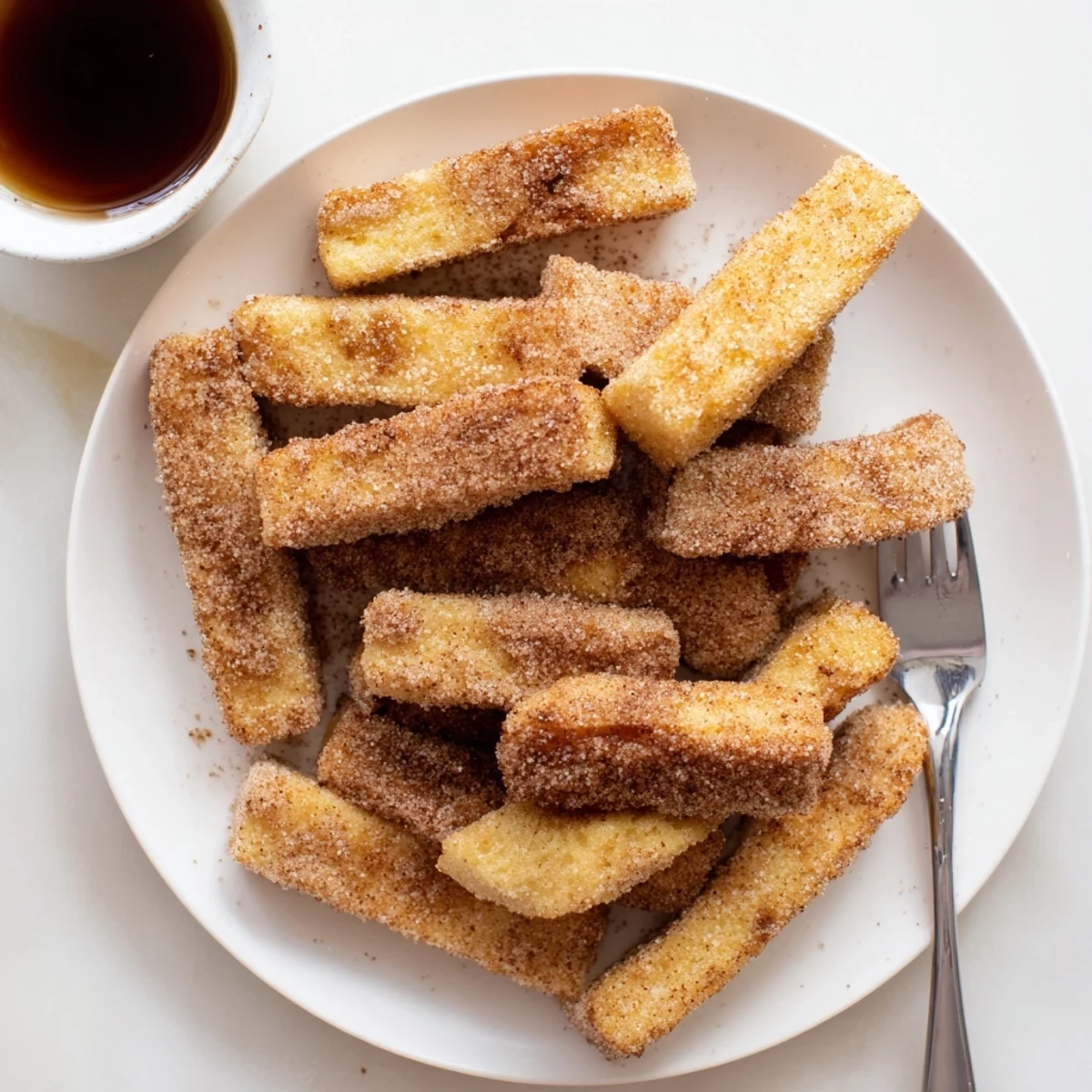 Golden cinnamon French toast sticks arranged on a white plate with maple syrup dipping bowl