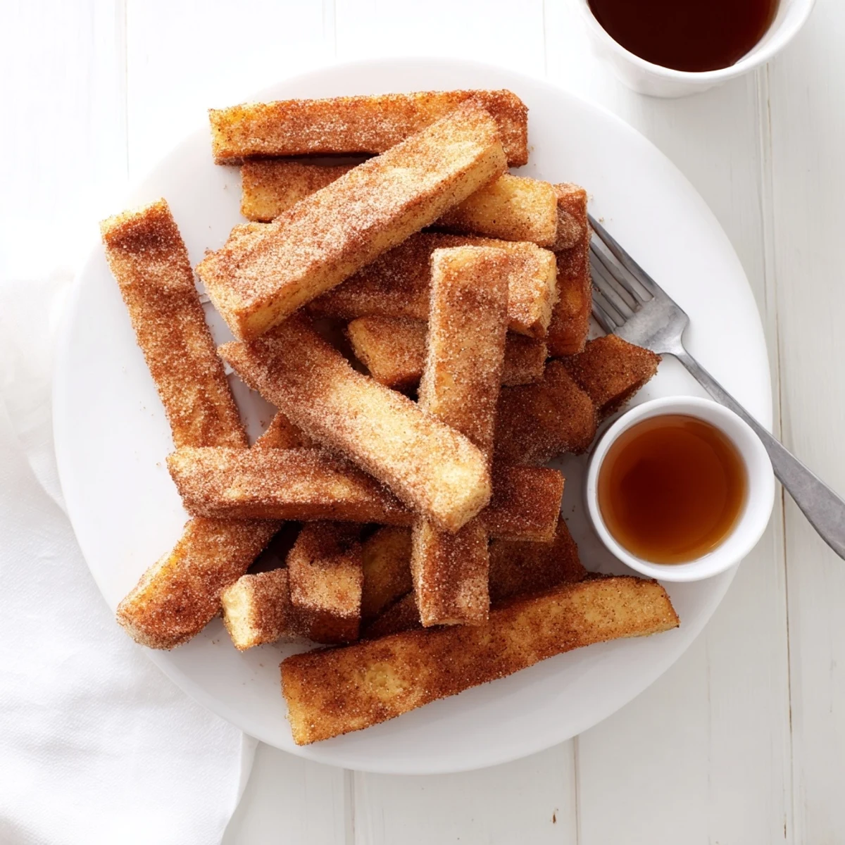 Crispy coated cinnamon French toast sticks stacked beside fresh strawberries and warm maple syrup