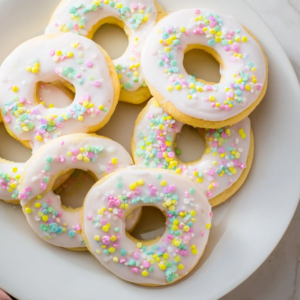 Soft Italian Easter cookies topped with white icing and colorful pastel sprinkles on a white plate.