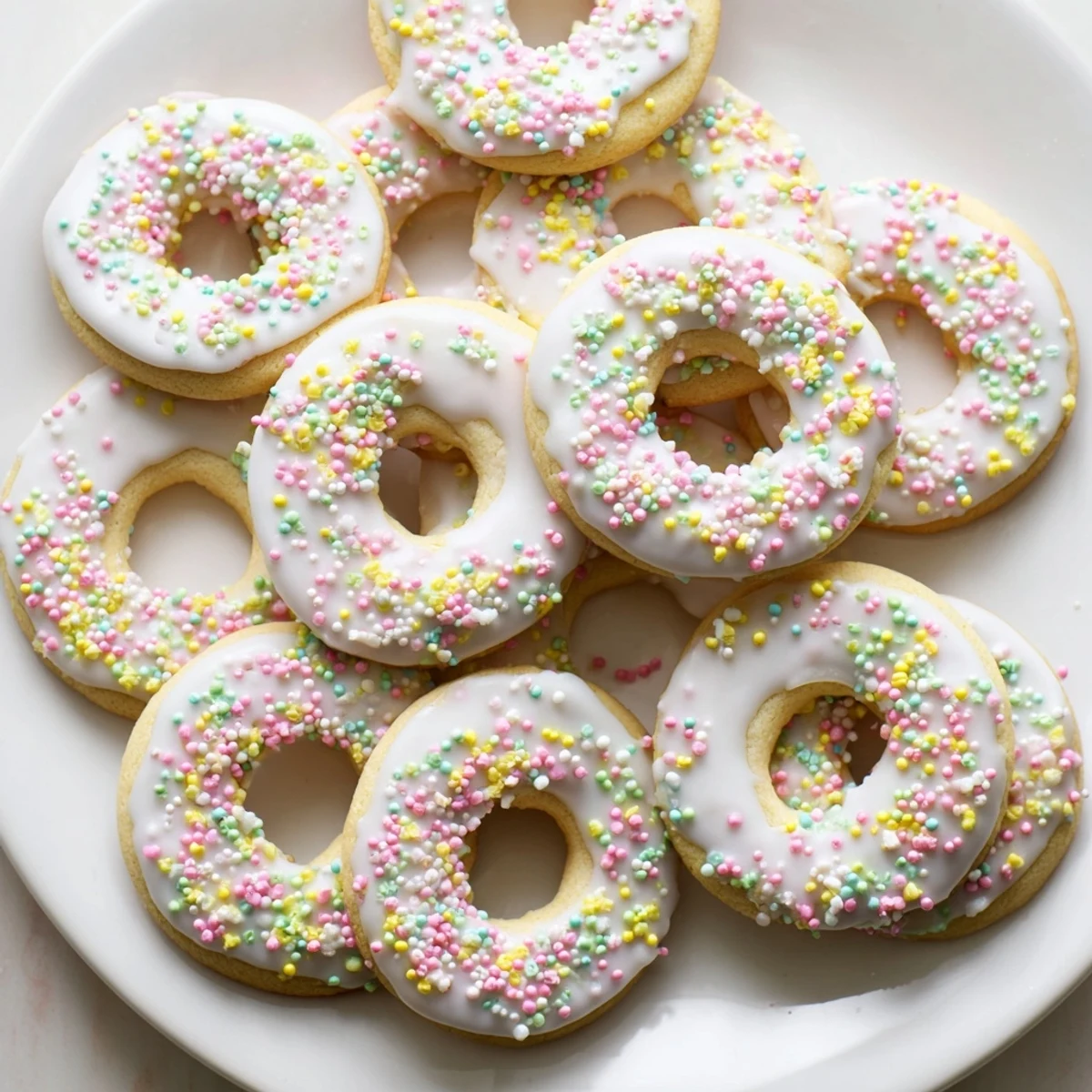 Batch of freshly baked Italian Easter cookies dusted with powdered sugar and bright confetti sprinkles for holiday celebrations.