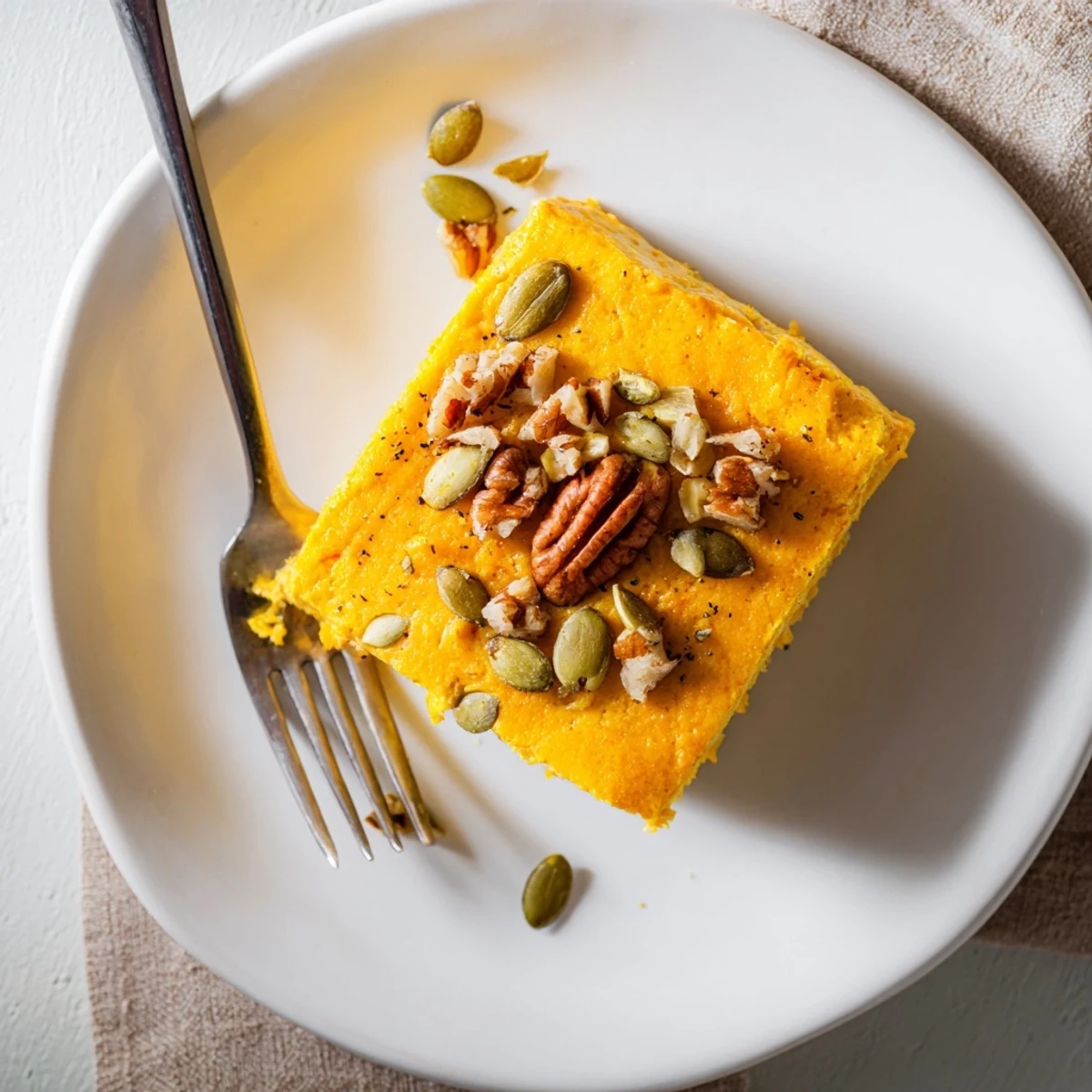 Sliced high protein cottage cheese pumpkin bake showing fluffy spiced interior texture