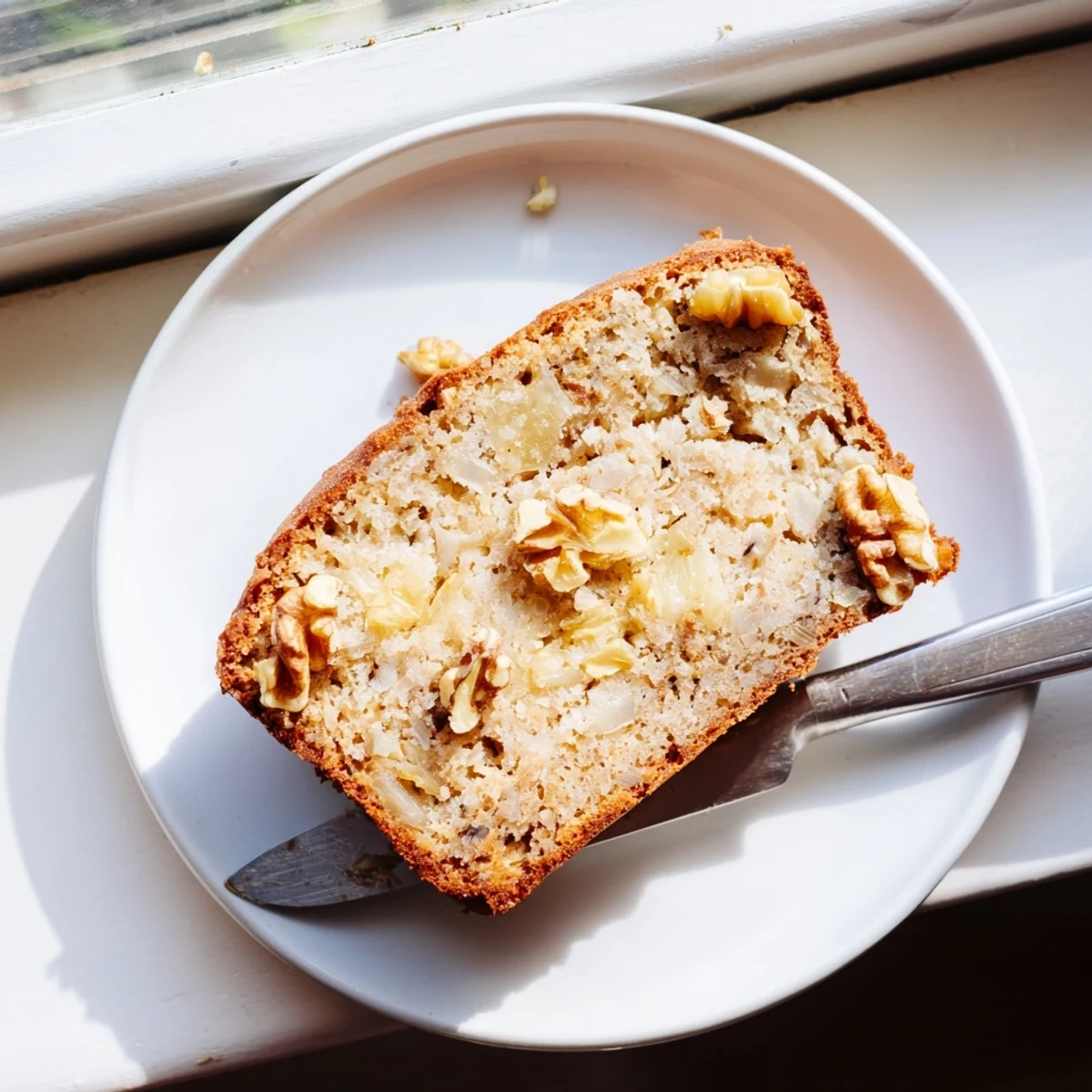 Sliced coconut pineapple banana bread revealing soft texture with shredded coconut and sweet pineapple bits