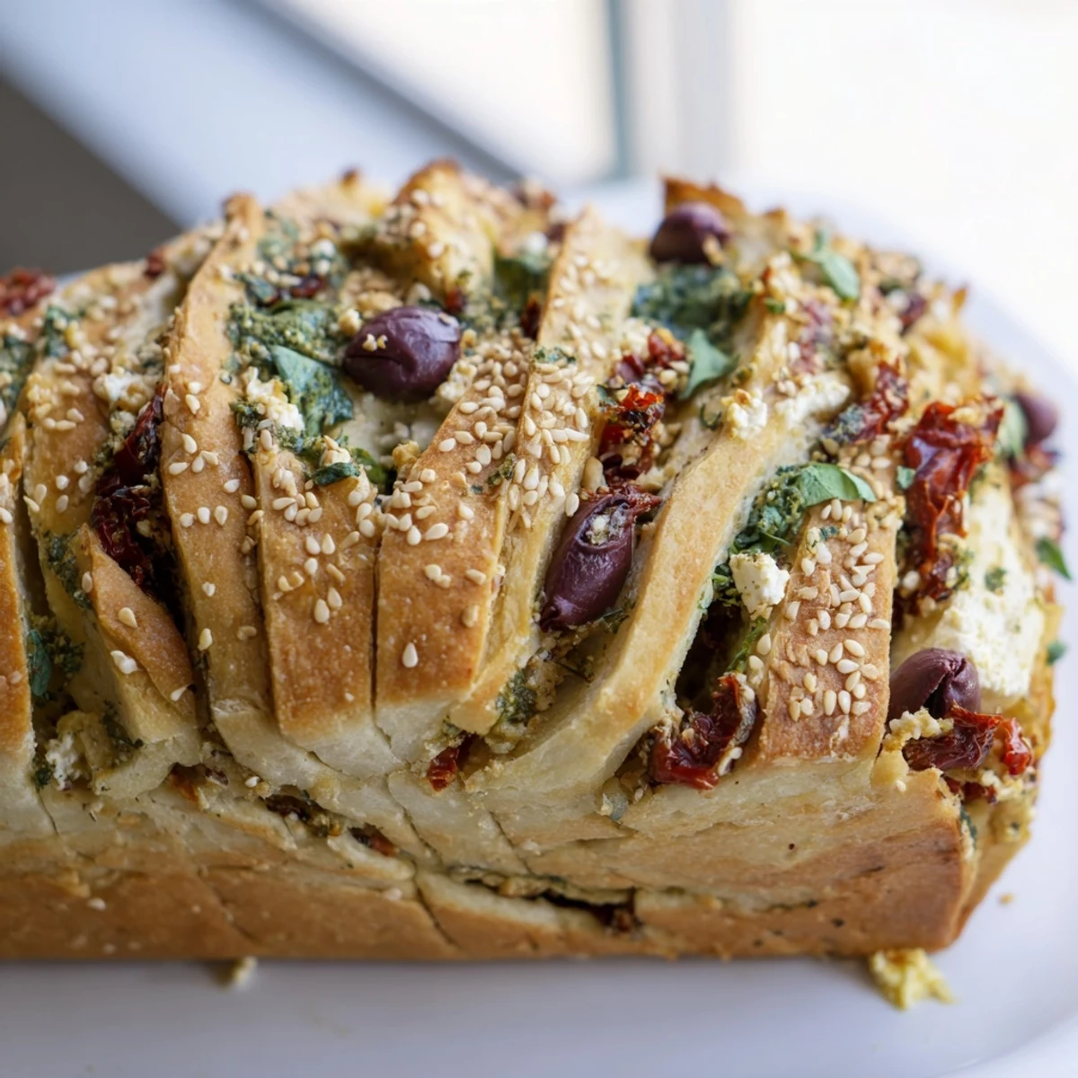 Soft pull-apart bread stuffed with Mediterranean flavors like fresh basil, Kalamata olives, and crumbled feta ready for sharing