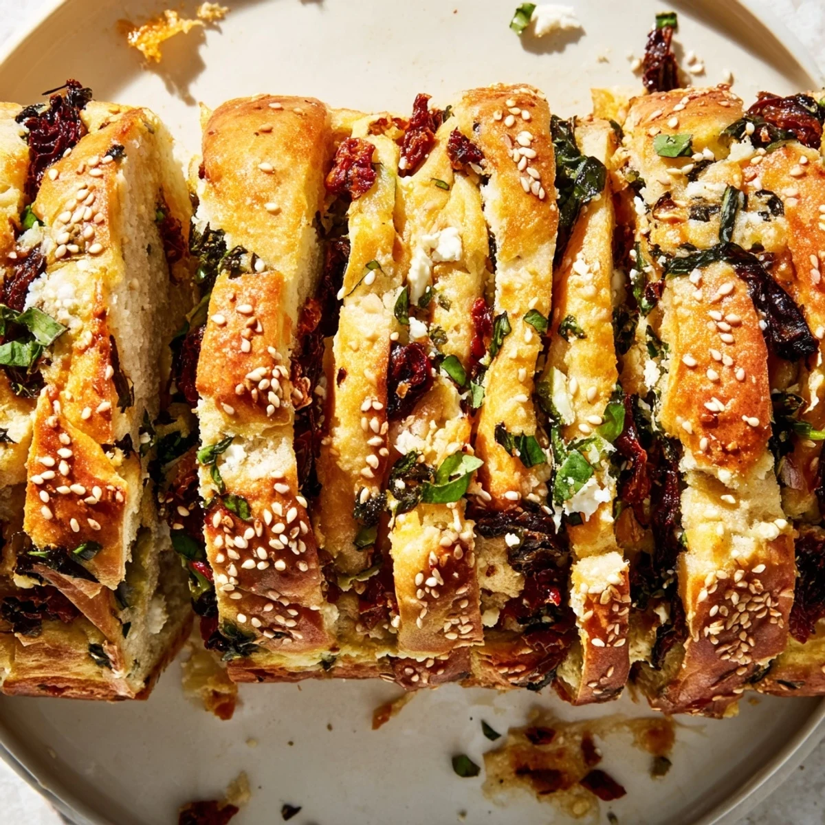 Warm Mediterranean pull-apart bread revealing savory layers of tomatoes, herbs, and salty feta in a golden loaf