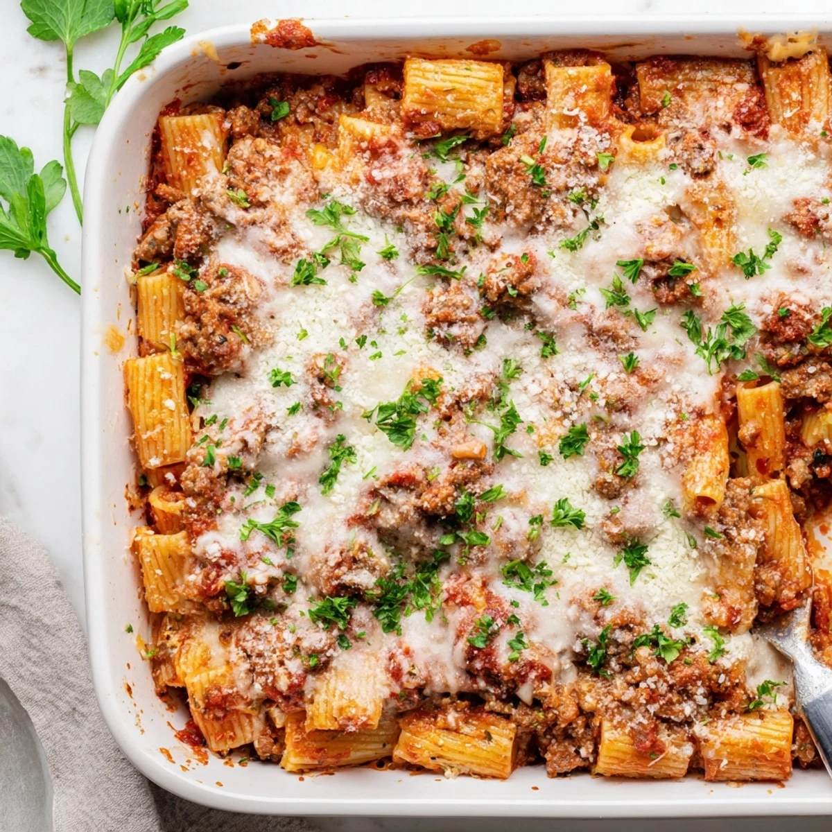 Bubbling Easy Baked Rigatoni with ground beef nestled under melted mozzarella cheese in a ceramic casserole dish