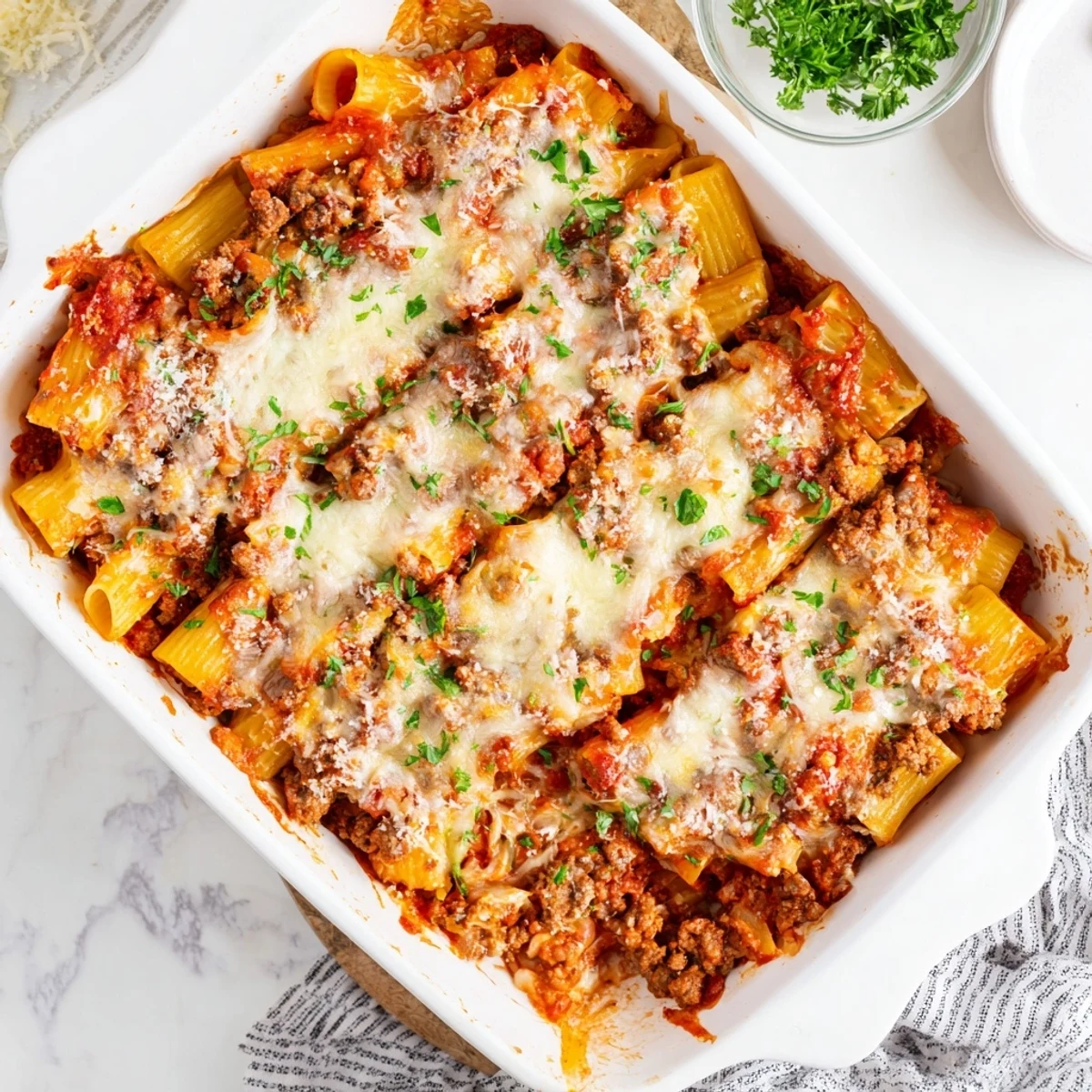Golden brown Easy Baked Rigatoni featuring savory beef and tomato sauce topped with ricotta and Parmesan