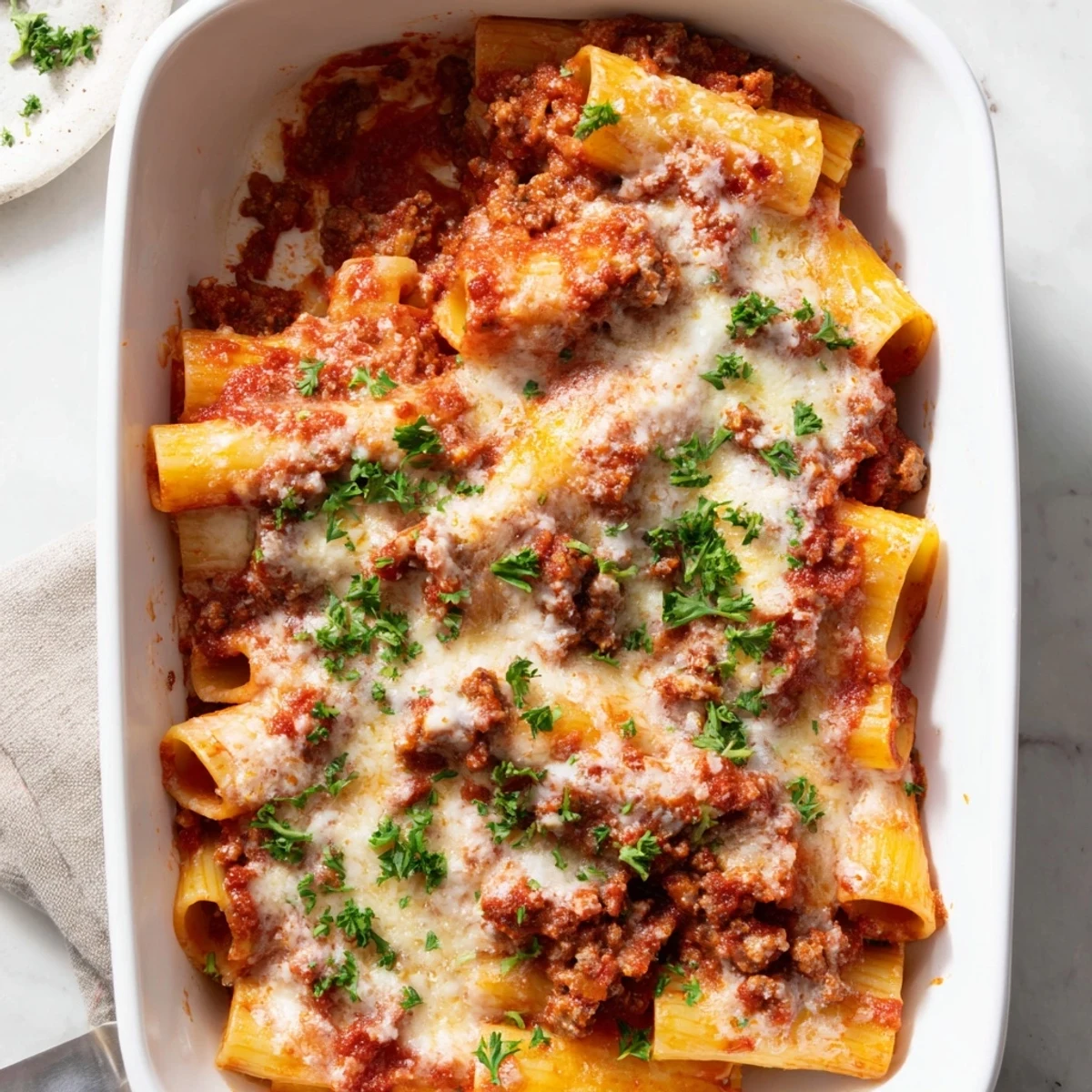 Steam rising from Easy Baked Rigatoni with ground beef sauce, melted cheese topping, and fresh parsley garnish