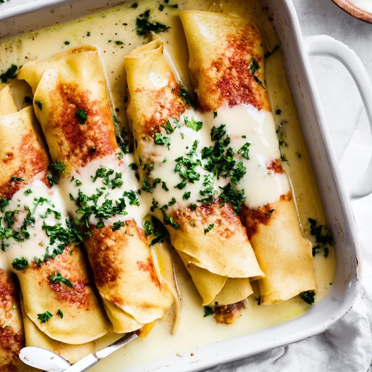 Golden Hortobágyi palacsinta rolled with savory paprika meat filling and creamy sour cream sauce bubbling