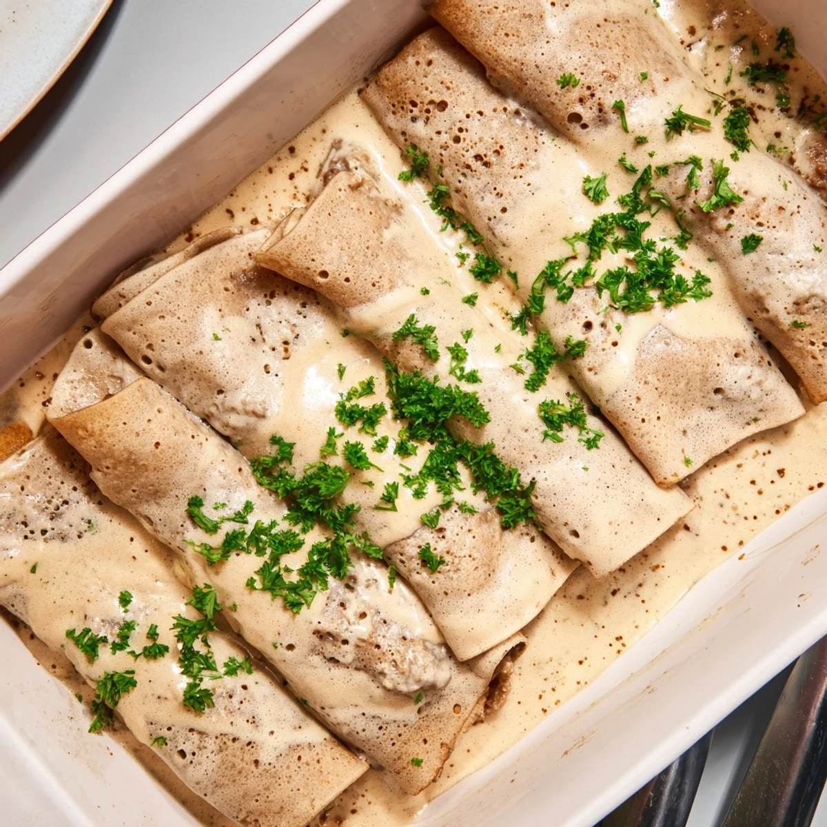 Savory Hortobágyi palacsinta casserole with golden crepes filled with paprika-spiced meat ragout under creamy white topping