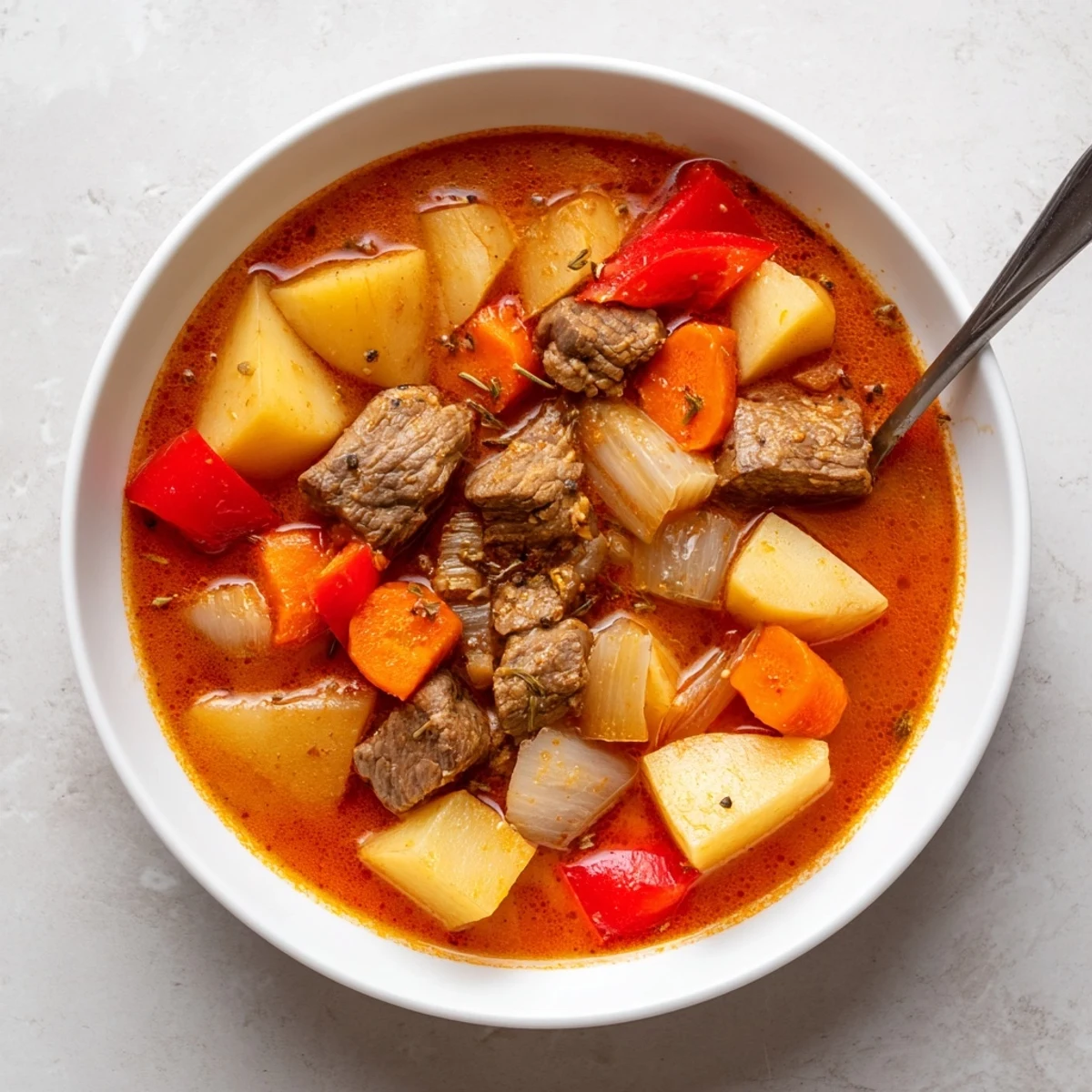 Golden Hungarian Gulyás stew featuring tender beef cubes and carrots in a rich paprika-infused broth