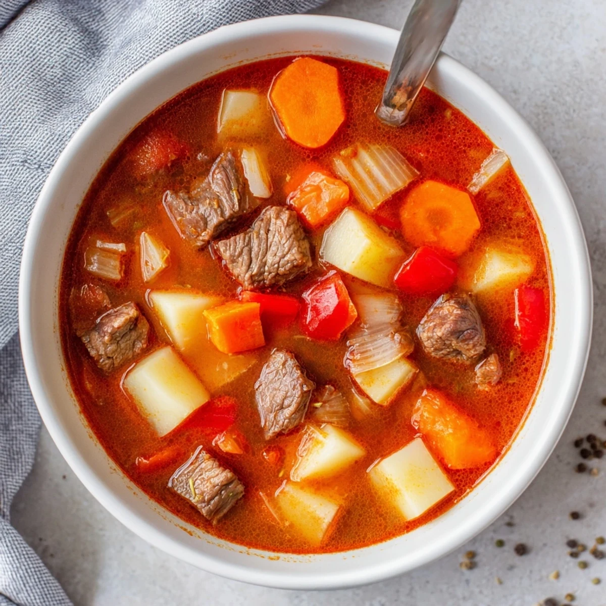 Simmering Hungarian Gulyás showcasing beef and colorful vegetables in a savory red paprika broth