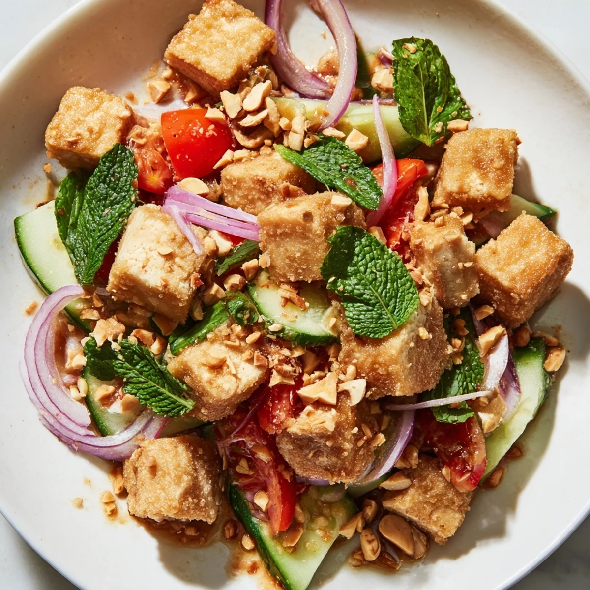 Colorful Burmese Tofu Thoke salad bowl with fresh herbs, crispy toppings, and tangy dressing