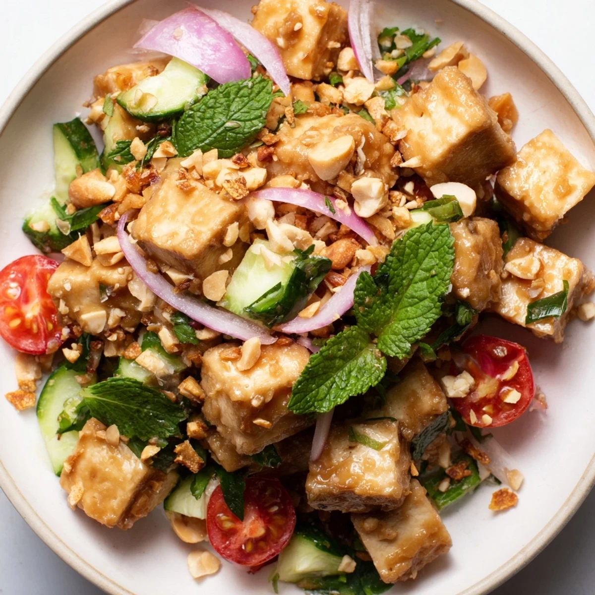 Silken tofu cubes tossed with crunchy vegetables and peanuts in this traditional Burmese Tofu Thoke