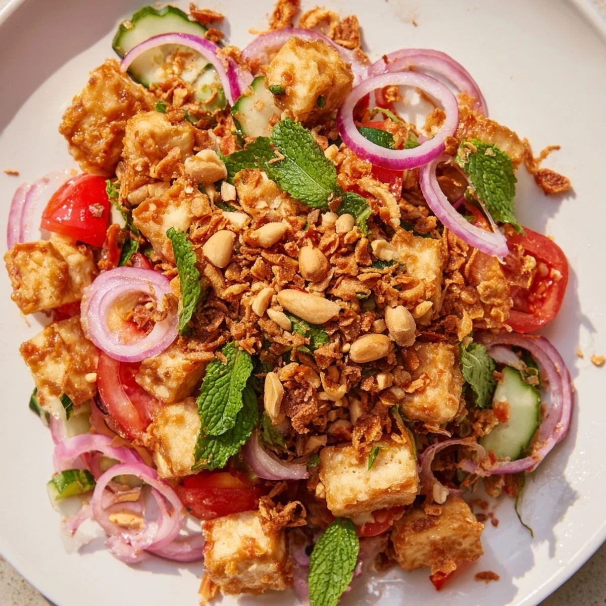Vibrant Tofu Thoke featuring crisp cucumbers, fragrant mint, and nutty chickpea flour dressing