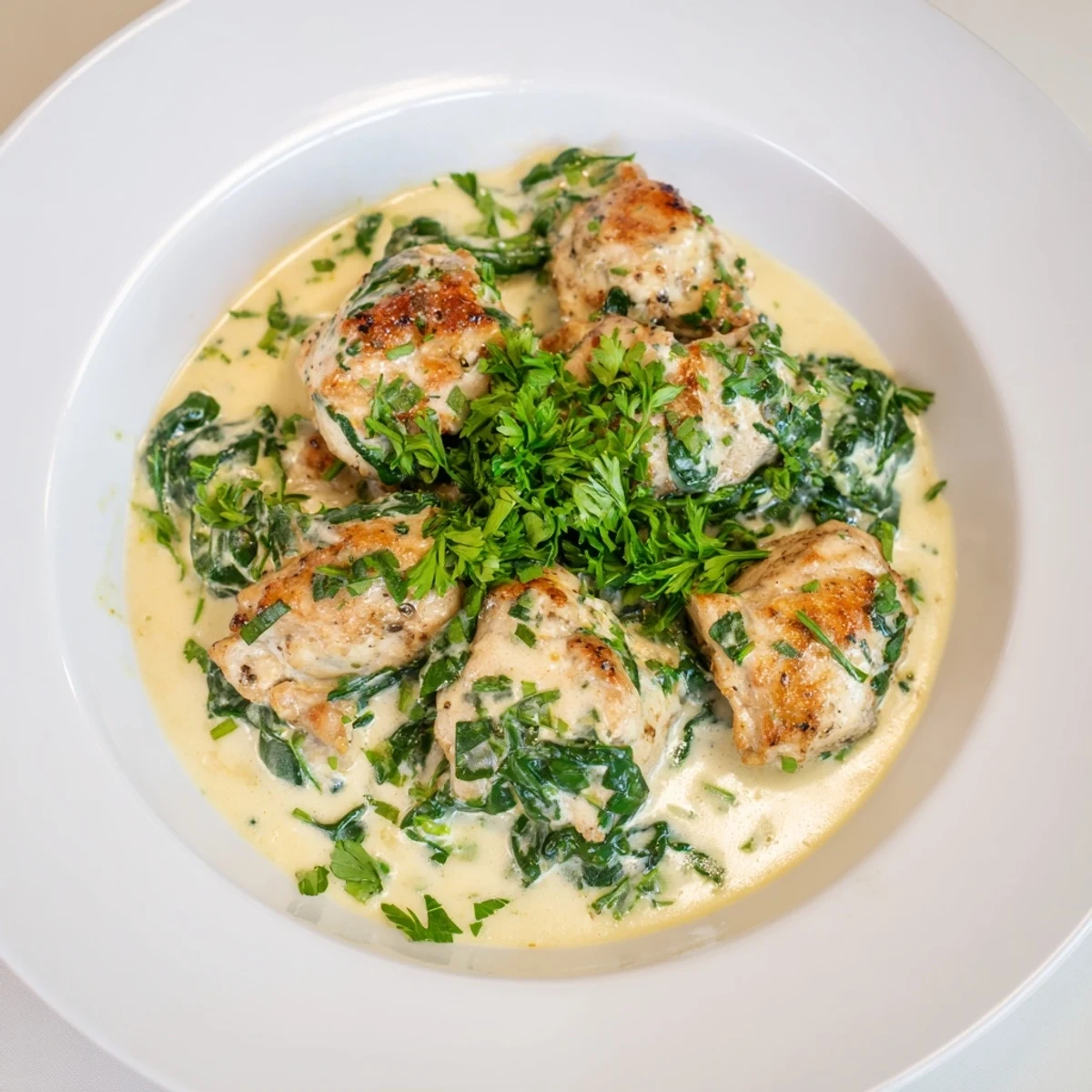 Golden brown chicken breasts swimming in a rich, velvety garlic Parmesan sauce with fresh wilted spinach leaves.