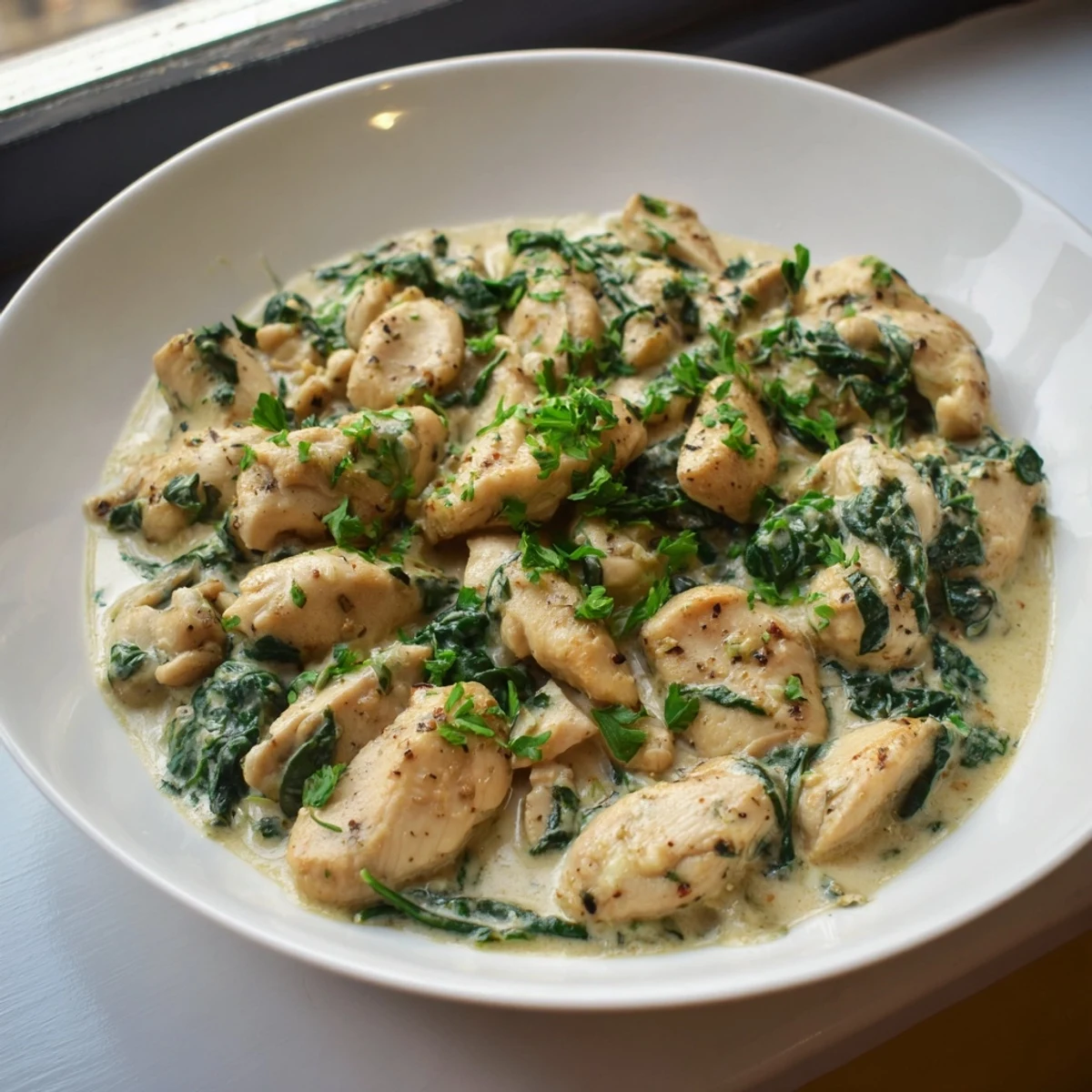Tender creamy Parmesan chicken skillet served steaming hot, garnished with fresh parsley and melted cheese.