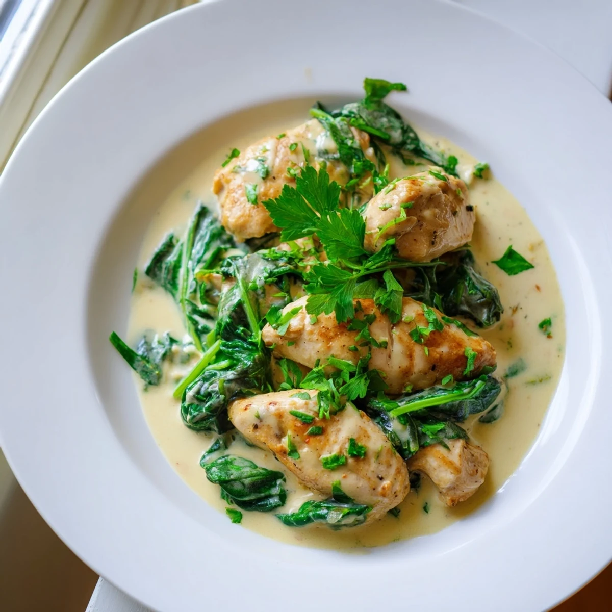 Weeknight dinner plate featuring juicy chicken in a thick white cream sauce dotted with Parmesan and spinach.