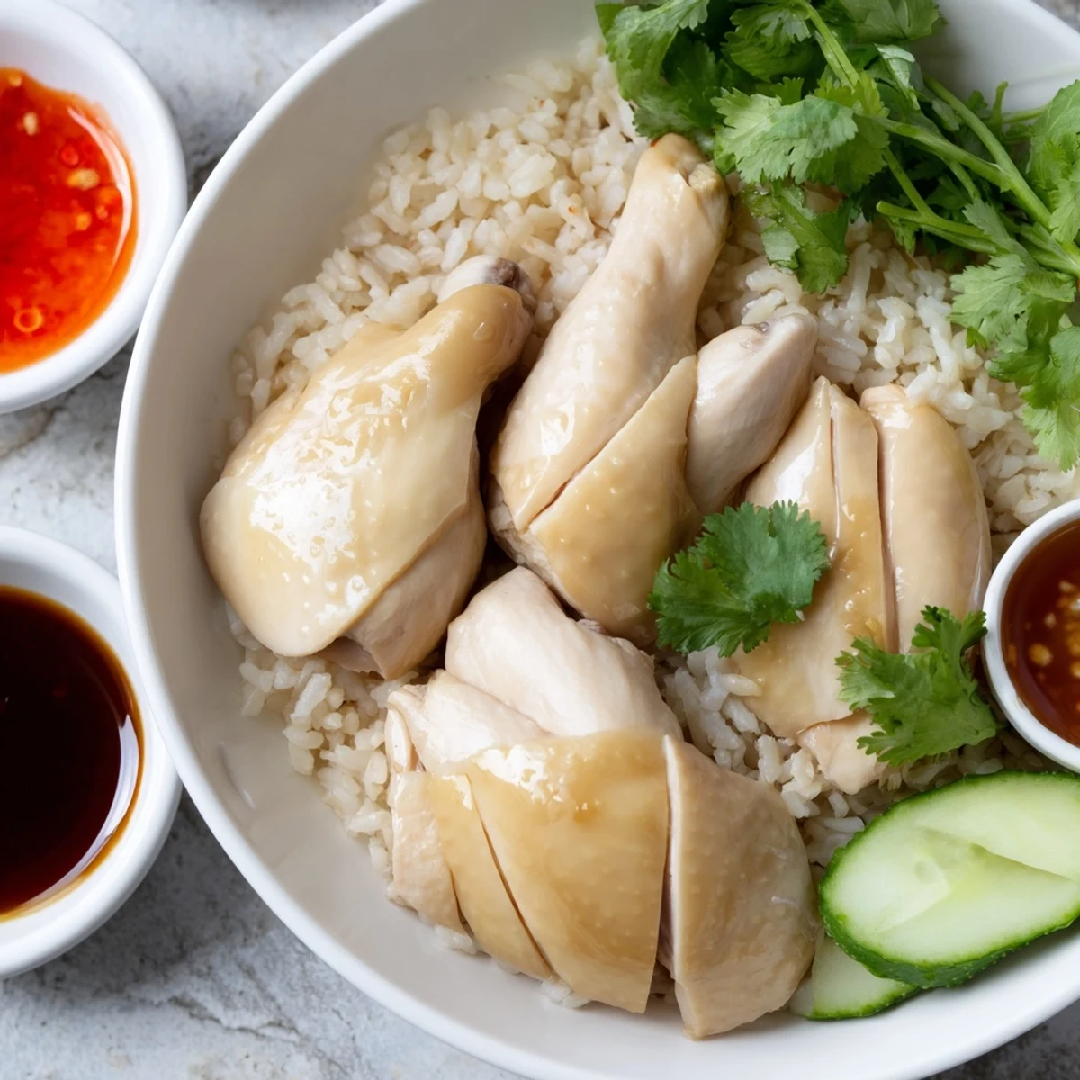 Steaming plate of Hainanese chicken rice garnished with fresh cilantro and sliced cucumber