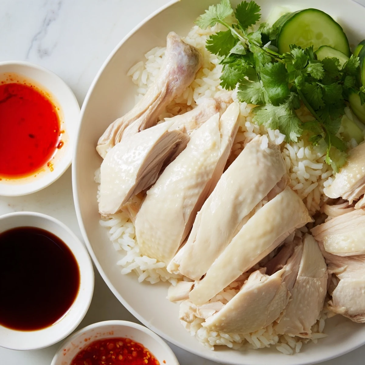Tender poached chicken served over aromatic garlic-ginger rice with three dipping sauces
