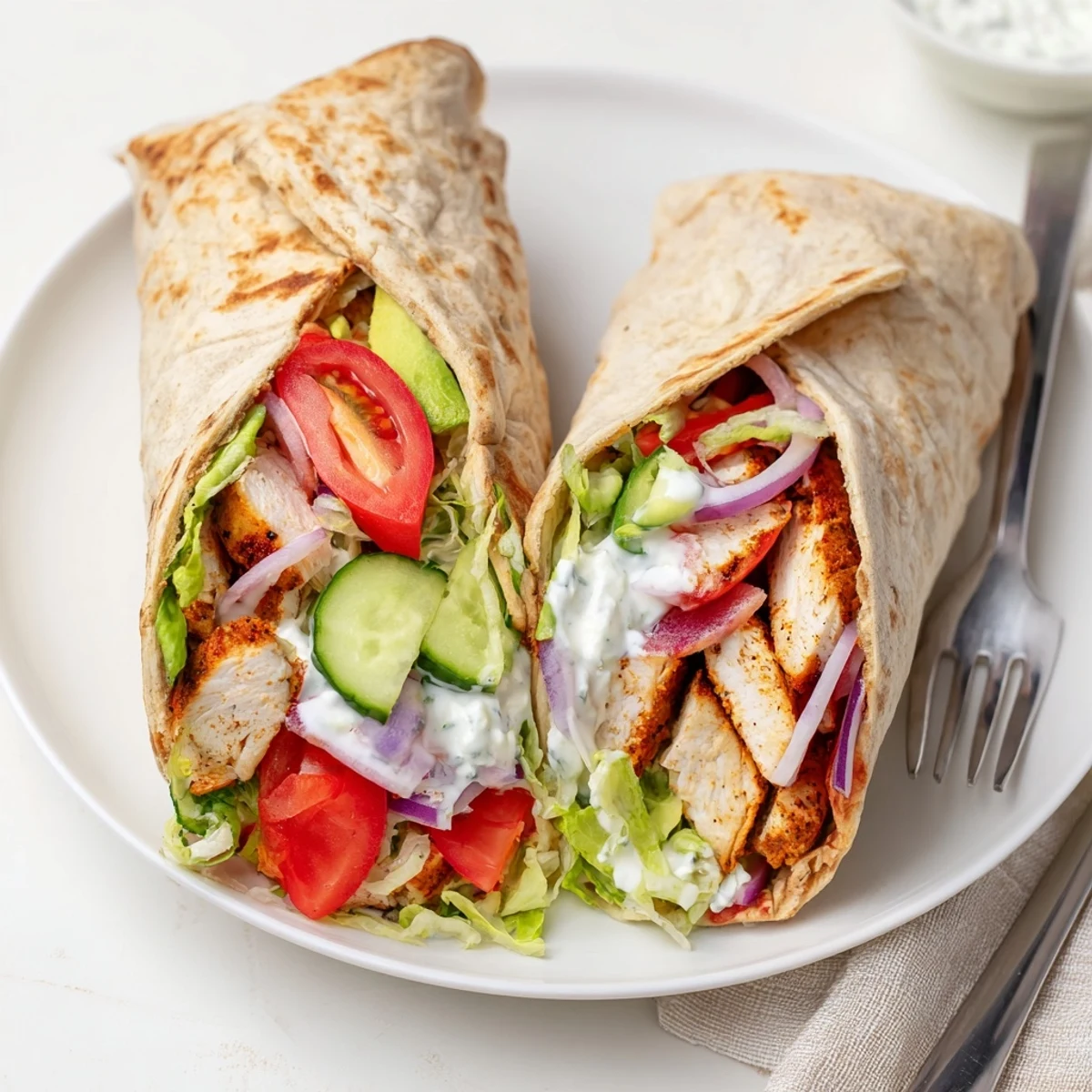 Golden cottage cheese flatbread wraps filled with seasoned grilled chicken and crisp colorful vegetables