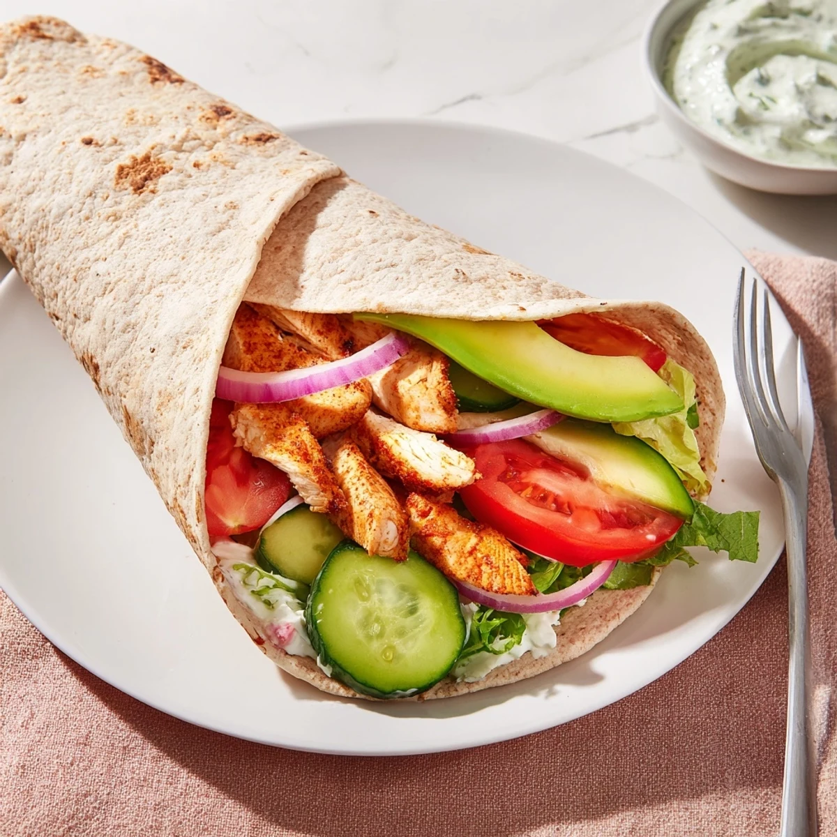 Crispy high protein flatbread wraps stuffed with tender chicken slices and vibrant layered veggies