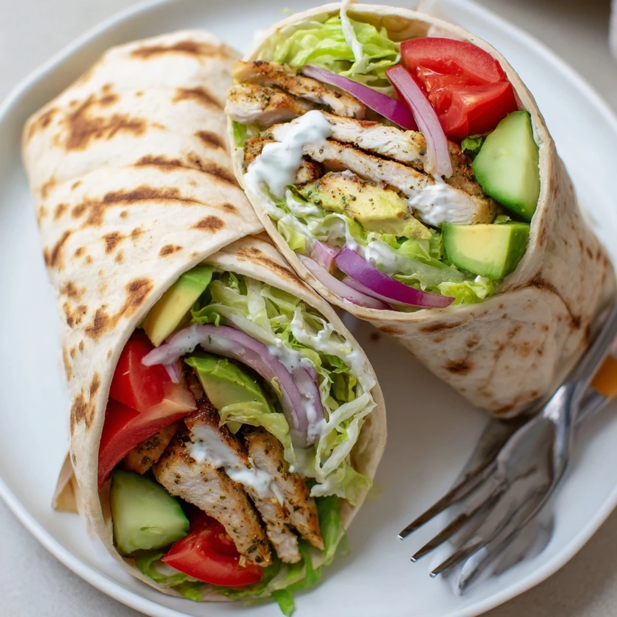 Protein-packed cottage cheese flatbread chicken wraps featuring juicy spiced meat and fresh garden toppings
