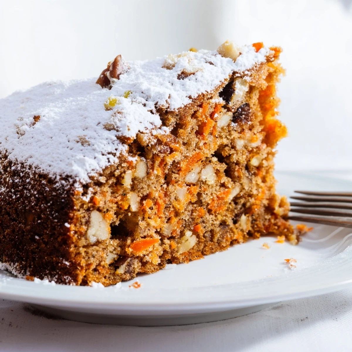 Golden Greek yogurt carrot cake slice topped with powdered sugar on white plate