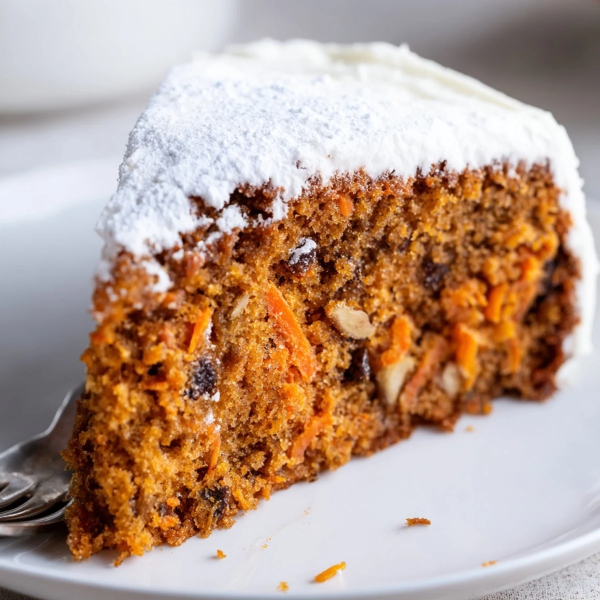 One bowl Greek yogurt carrot cake with walnut pieces and cream cheese frosting dollop