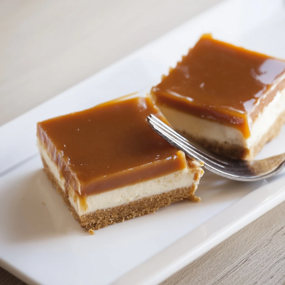 Golden creamy caramel cheesecake bars sliced on a white serving plate, showcasing graham cracker crust layers.