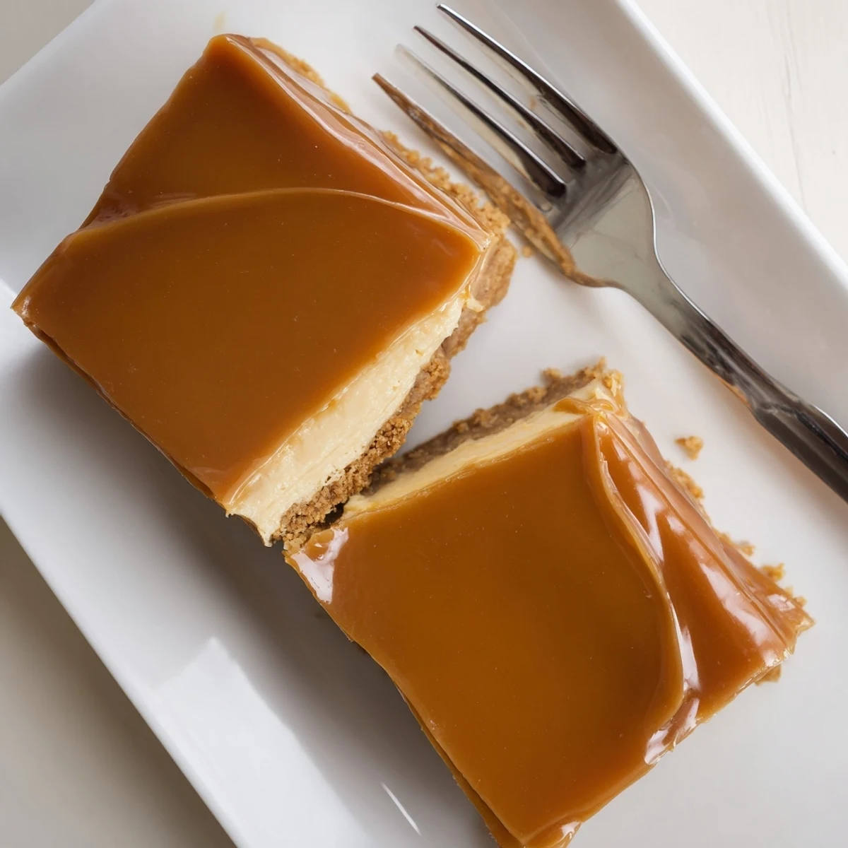 Rich caramel sauce drizzles generously over chilled creamy caramel cheesecake bars with buttery graham cracker base.