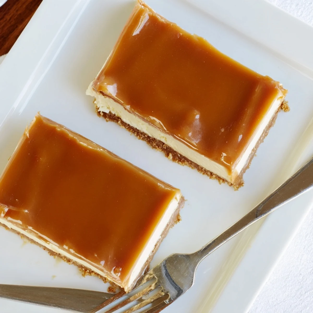 Square dessert bars featuring smooth cheesecake filling topped with amber homemade caramel sauce and crushed graham cracker crumbs.