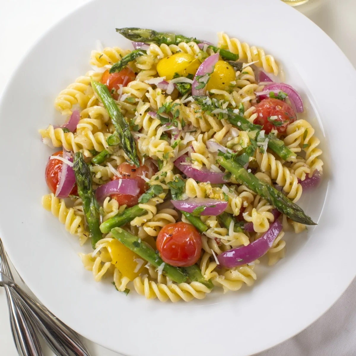 Fresh lemon asparagus pasta salad with tender green spears, red cherry tomatoes, and herbs in a light citrus dressing.