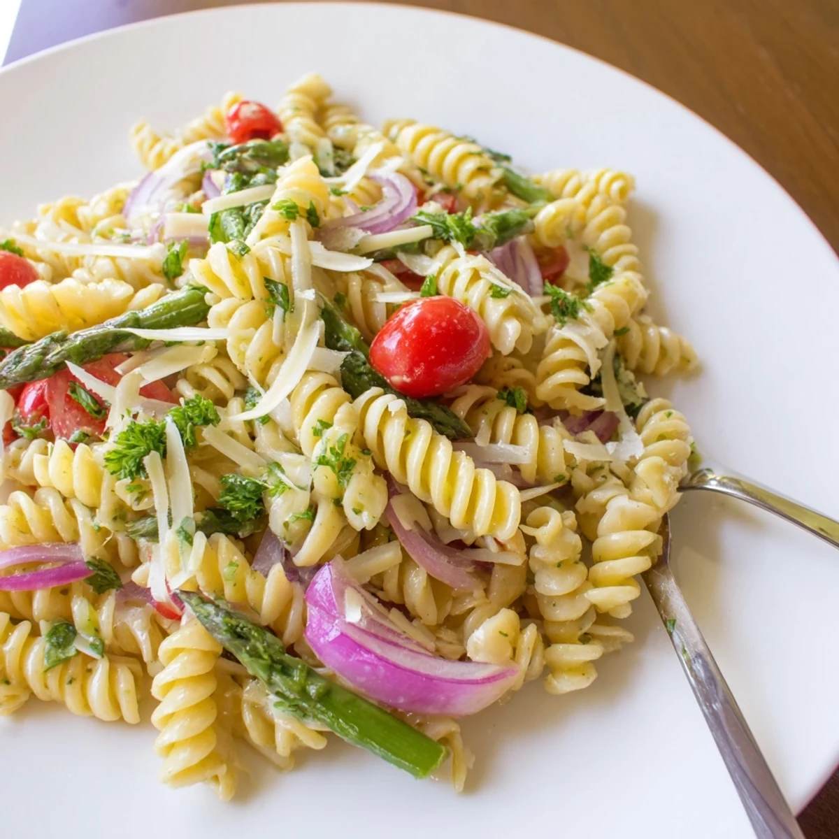 Bright lemon asparagus pasta salad featuring al dente noodles, crisp asparagus pieces, and colorful vegetables in a zesty bowl.