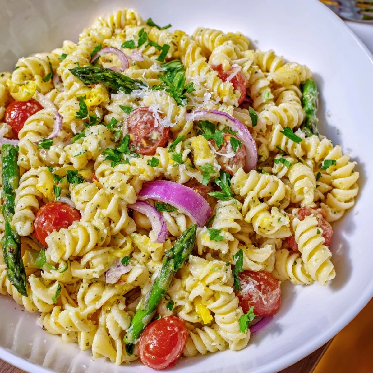 Spring lemon asparagus pasta salad tossed with tangy lemon dressing, fresh parsley, and shaved parmesan on a white serving platter.
