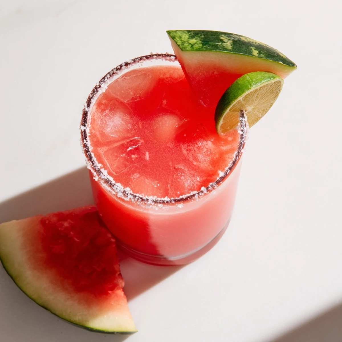 Pink watermelon margarita mocktail garnished with fresh lime wedges and watermelon slices on ice