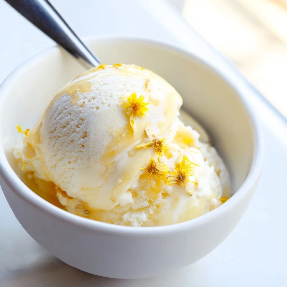 Creamy dandelion honey ice cream scoop topped with golden petals and honey drizzle