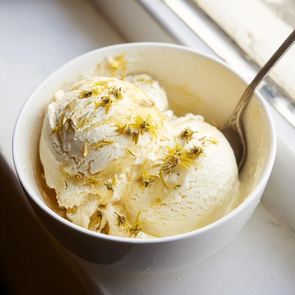 Golden dandelion honey ice cream served in a chilled bowl with floral garnish