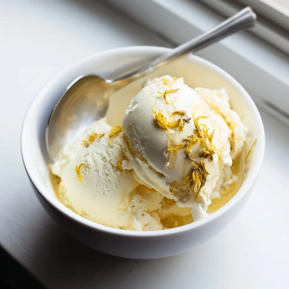 Velvety floral ice cream featuring sweet dandelion honey and fresh edible flower petals